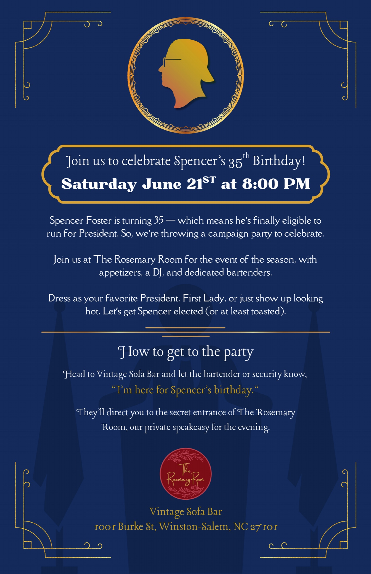 Complete invitation poster for Spencer Foster's 35th birthday at The Rosemary Room on Saturday, June 21 at 8 PM